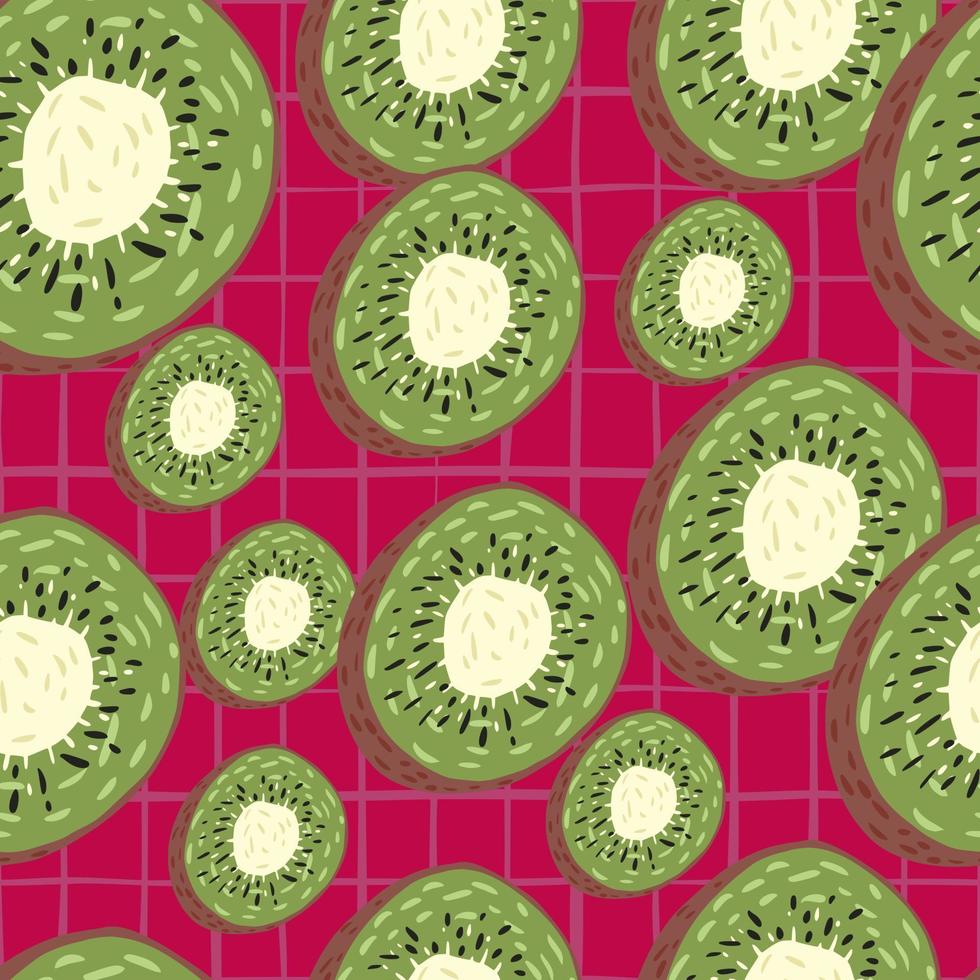 Random seamless pattern with green kiwi slices ornament. Bright red chequered background. Simple food backdrop. vector