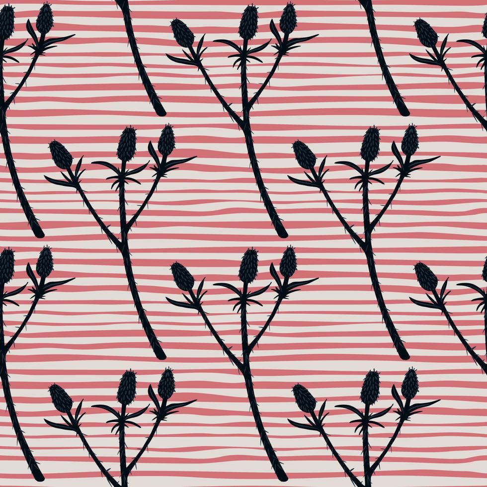 Black thorn branch silhouettes seamless pattern. Stripped background with red and white lines. Floral backdrop. vector