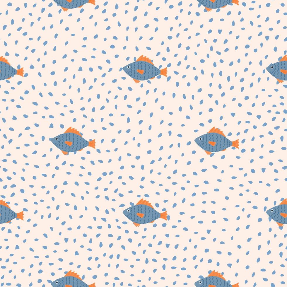 Vlue little fish minimalistic seamless pattern. Aqua artwork with light dotted background. Stylized exotic print. vector