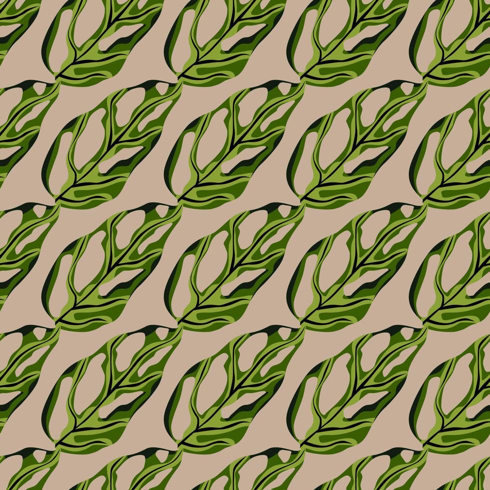 Decorative seamless pattern with doodle monstera leaves ornament. Beige background. Green tropical foliage print. vector