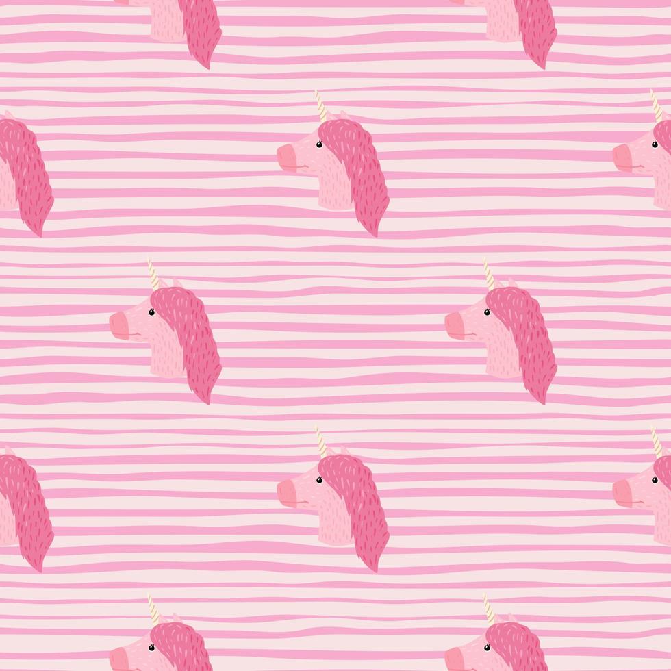 Girl pink palette seamless pattern with unicorn silhouettes. Striped background. Pony adorable artwork. vector