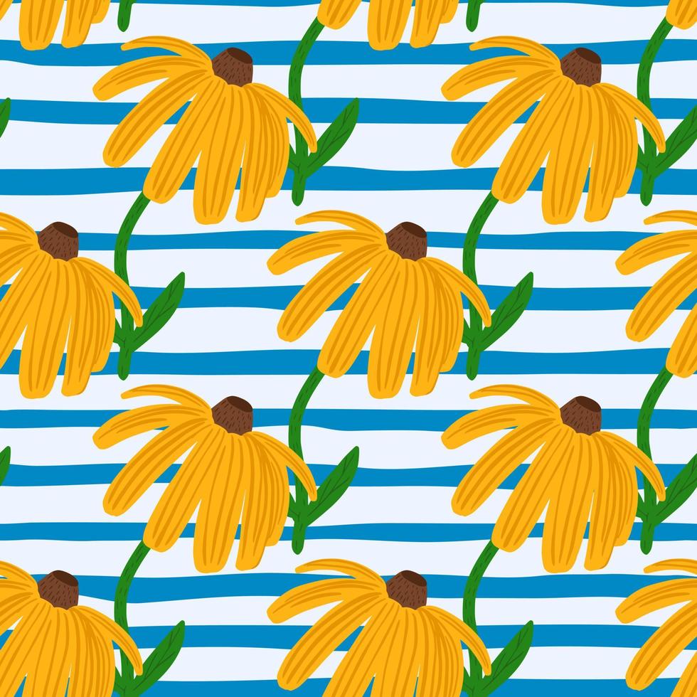 Summer seamless sunflower elements pattern. Bright yellow flower silhouettes on background with blue and white strips. vector