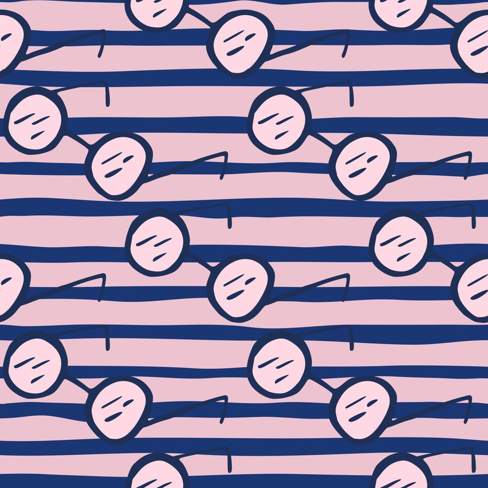 Pink and navy blue tones seamless style pattern with hipster sunglasses elements. Striped background. vector