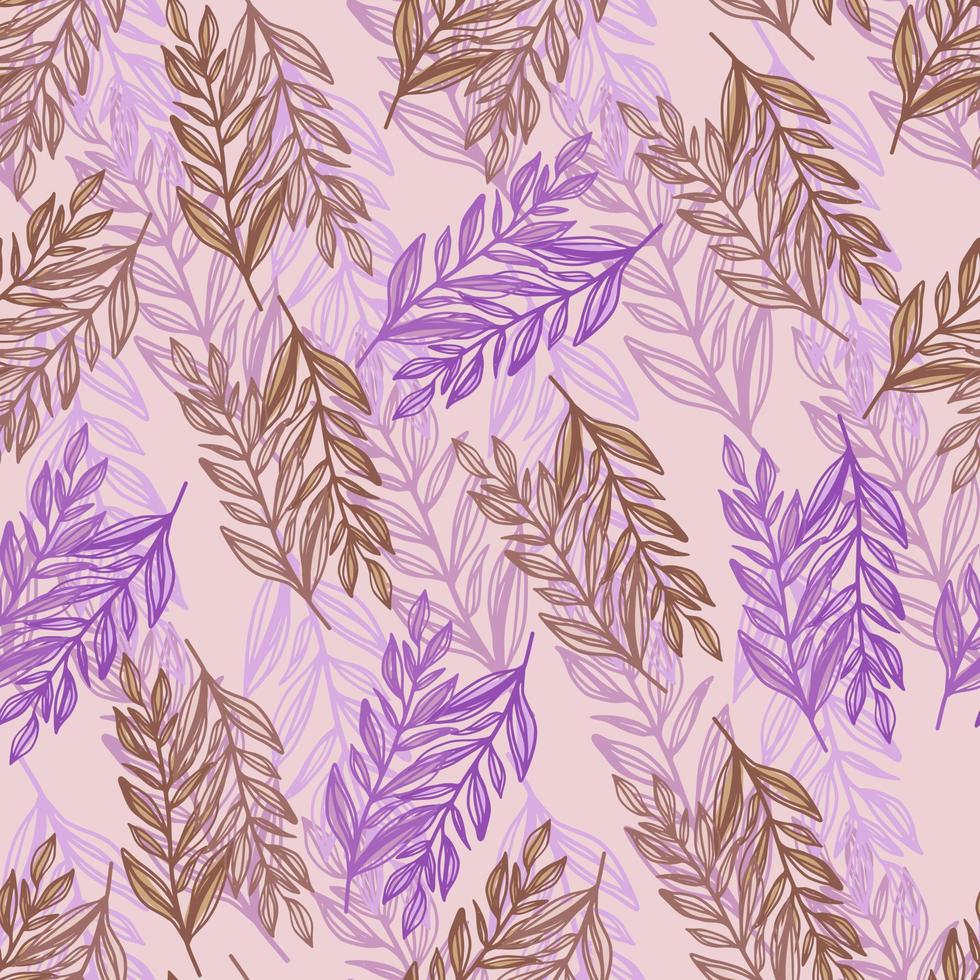 Random seamless herbal pattern with outline branches silhouettes. Purple and maroon contoured floral details on light pastel background. vector