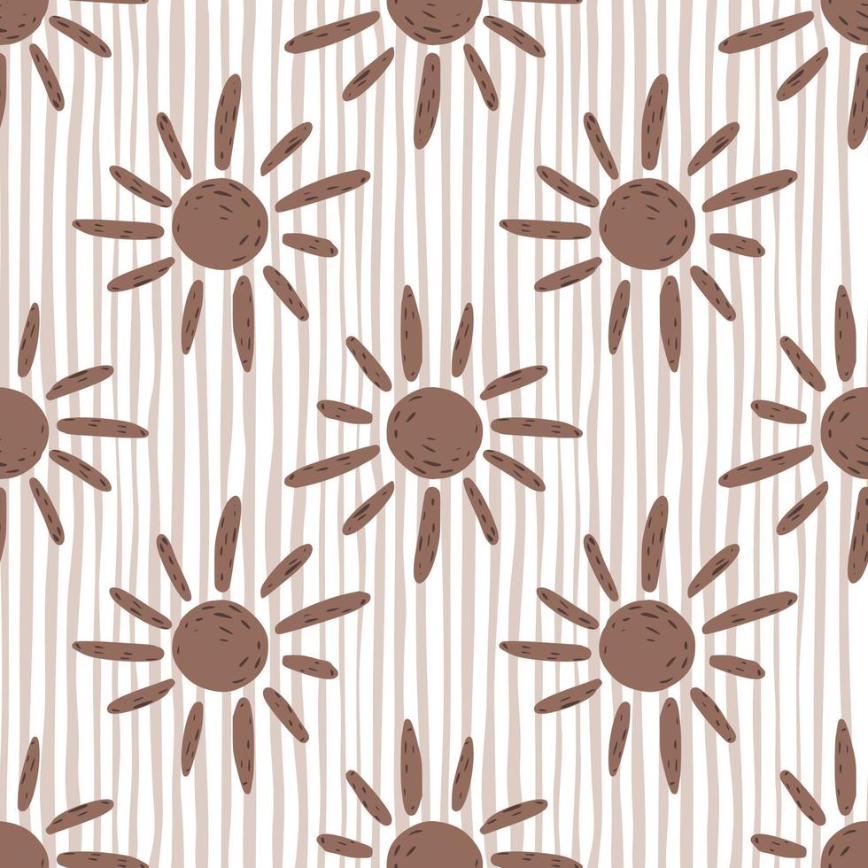 Seamless pattern with brown ethnic sun ornament. Light striped background. Weather artwork in simple style. vector