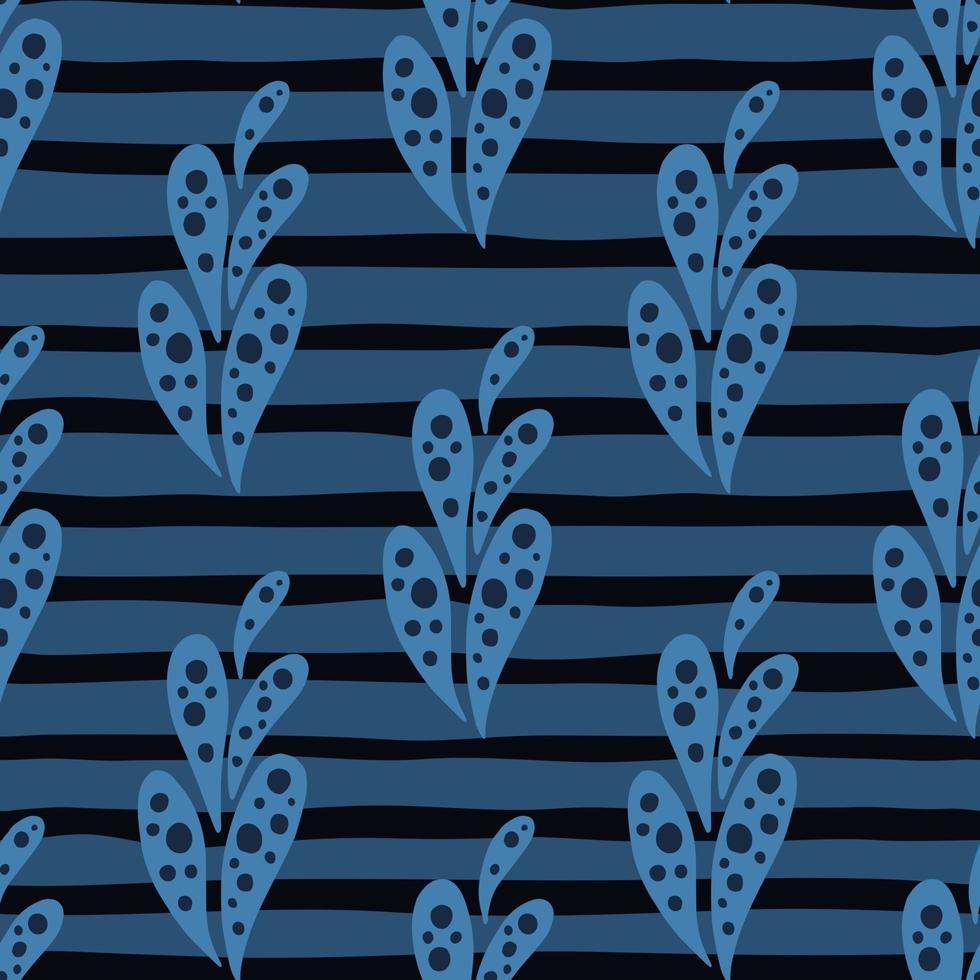 doodle de patrones sin fisuras con adorno de naturaleza abstracta azul dibujado a mano. fondo azul marino a rayas. vector