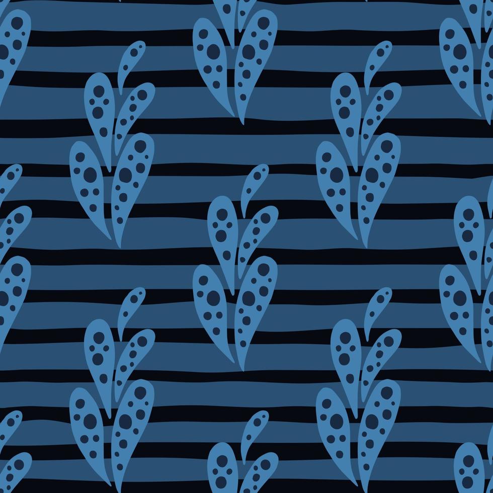Doodle seamless pattern with hand drawn blue abstract nature ornament. Striped navy blue background. vector