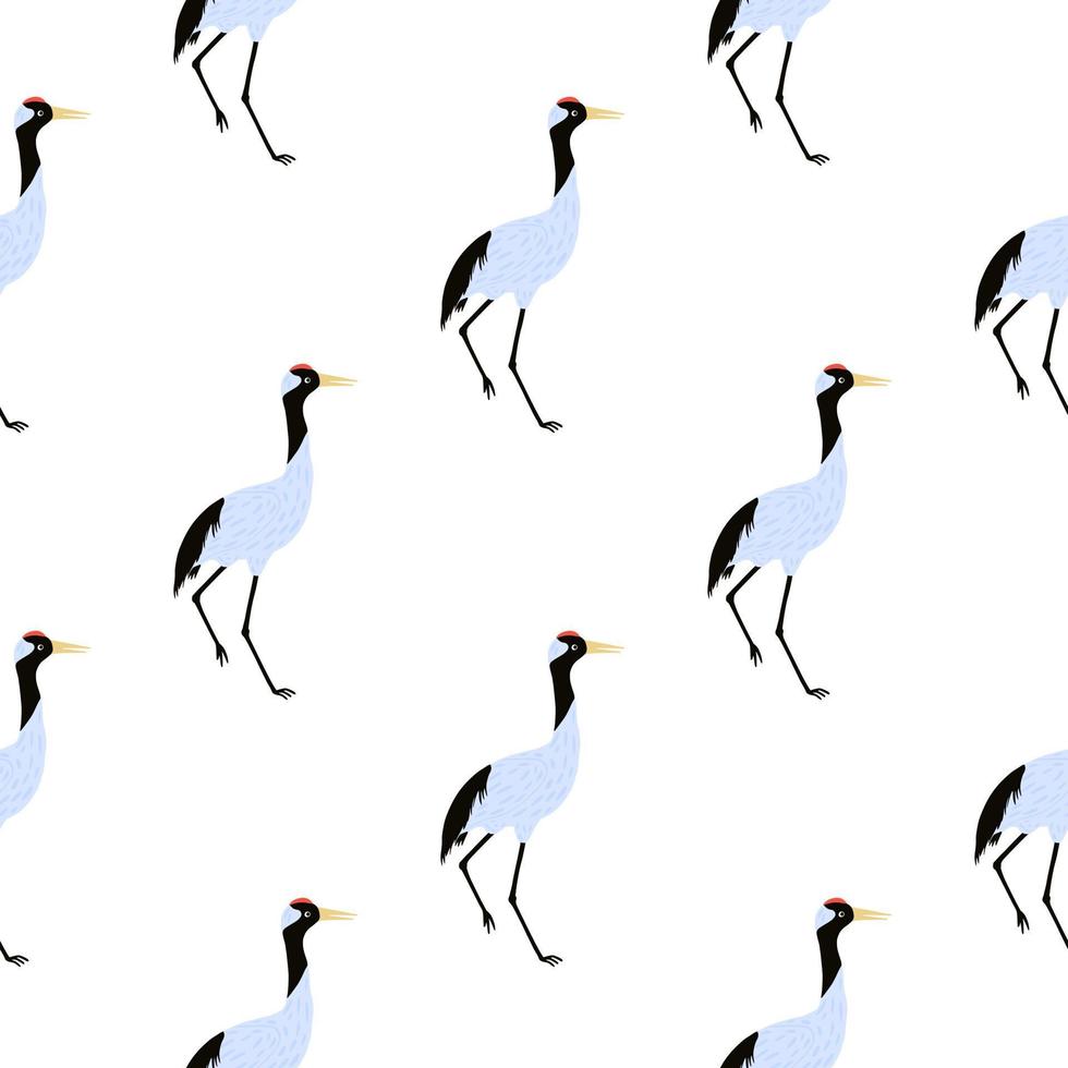 Isolated seamless animal pattern with crane bird doodle ornament. White background. Simple design. vector