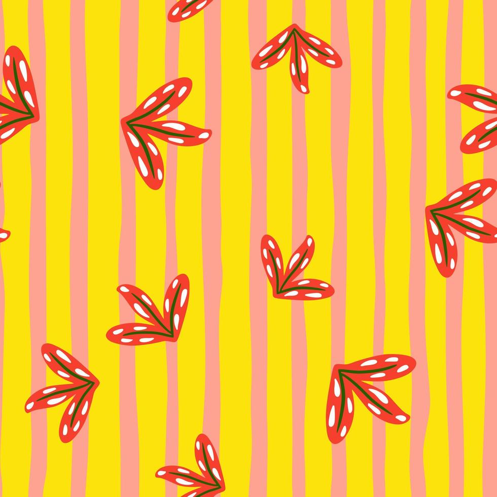 Abstract bright seamless pattern with random red colored simple leaf silhouettes. Yellow and pink striped background. vector
