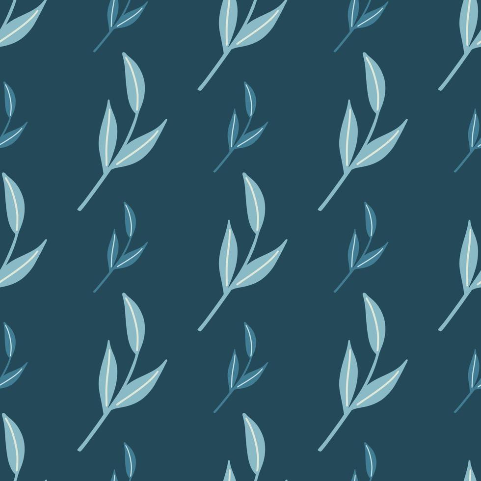 Decorative hand drawn nordic leaf twigs seamless pattern. Blue background. Spring style nordic backdrop. vector