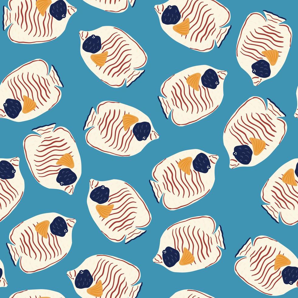 Bright seamless doodle pattern with white random butterfly fish ornament. Blue background. Creative design. vector