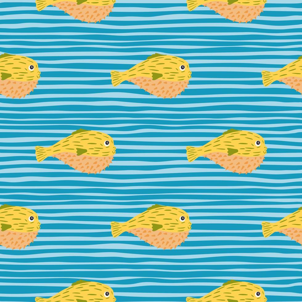 Nature seamless pattern with hand drawn yellow fish silhouettes print. Blue striped background. vector
