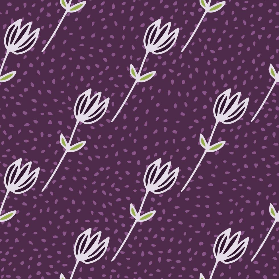 White outline tulip flowers seamless pattern. Dark purple background. Simple floral print. vector