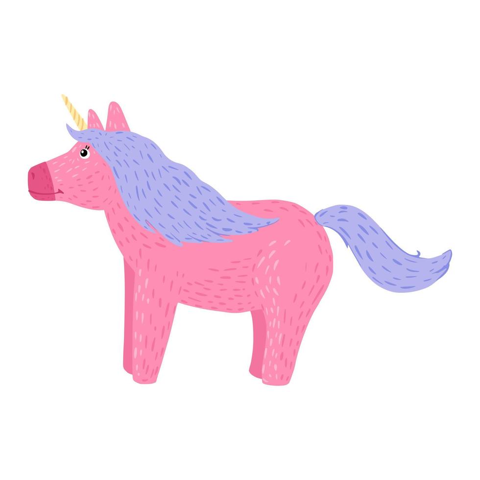 Unicorn with yellow purple isolated on white background. Cartoon cute character pink color in doodle. vector