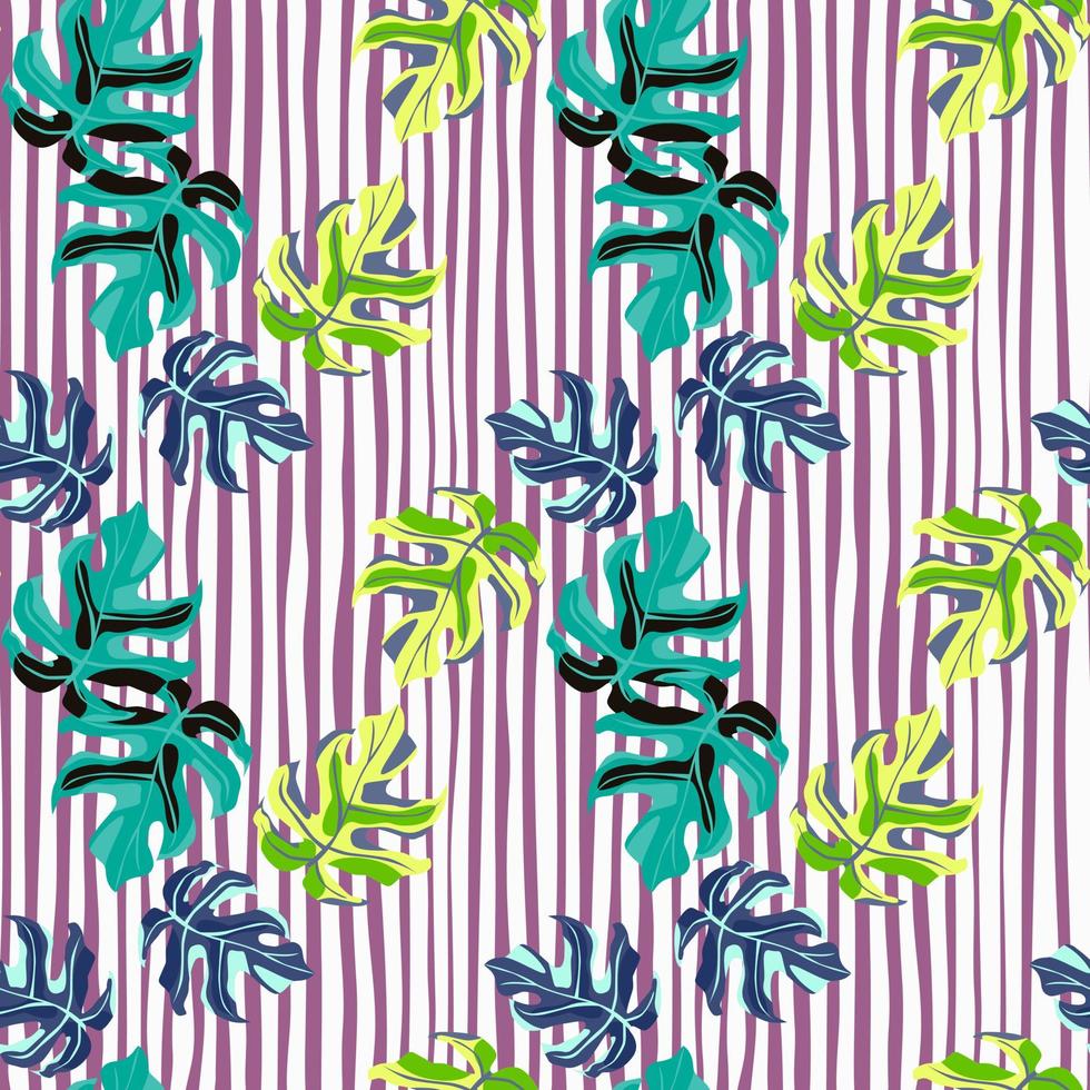Turquoise and green abstract monstera leaves seamless pattern. Purple and white stripped background. vector