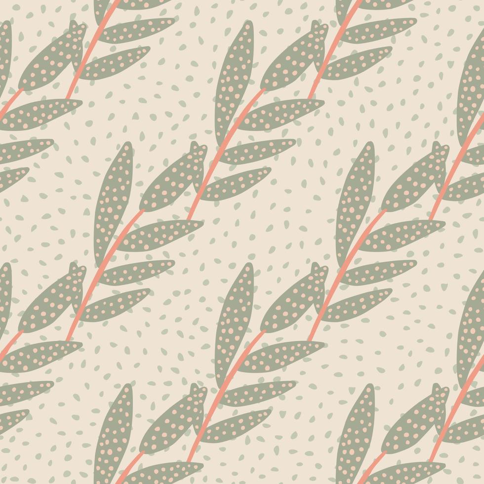 Botanic ornament with beige branches with dots. Light pink background with grey dots. Seamless spring pattern. vector