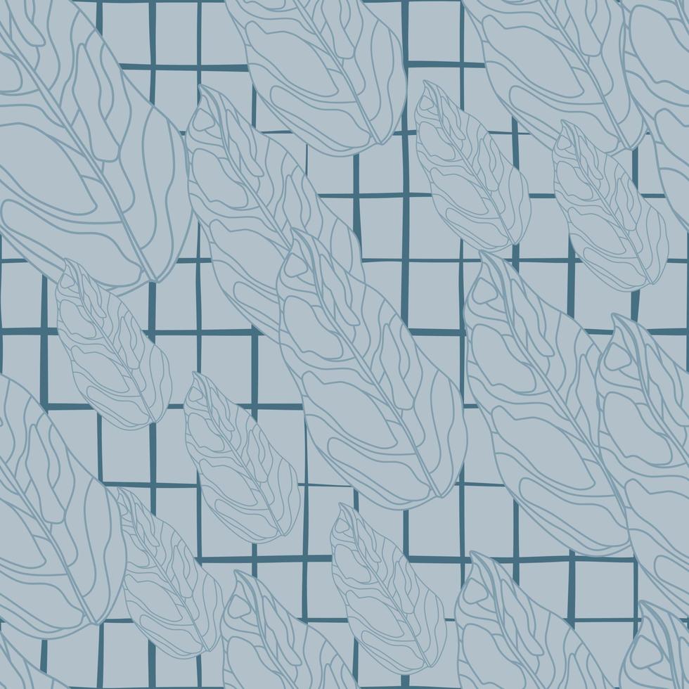Creative seamless pattern with hand drawn contoured leaf shapes. Blue pastel color palette. Chequered background. vector