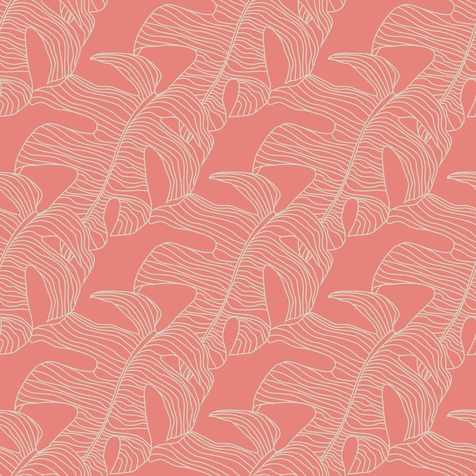 White outline monstera silhouettes seamless pattern. Botanic tropical ornament on bright pink background. vector