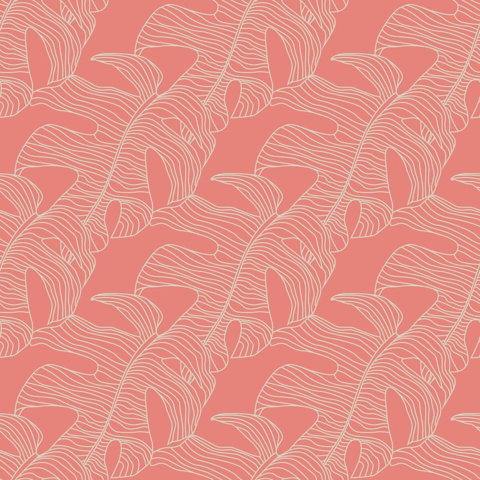 White outline monstera silhouettes seamless pattern. Botanic tropical ornament on bright pink background. vector