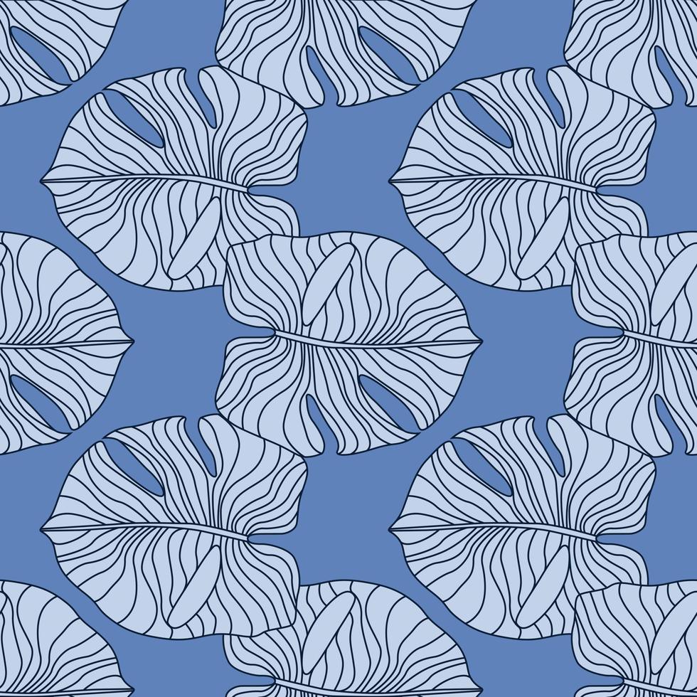 Tropic stylized seamless pattern with outine monstera leaf silhouettes. Botanic design with bright blue background. vector