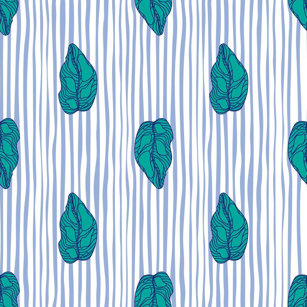 Decorative seamless pattern with blue colored leaves shapes. Striped background. vector