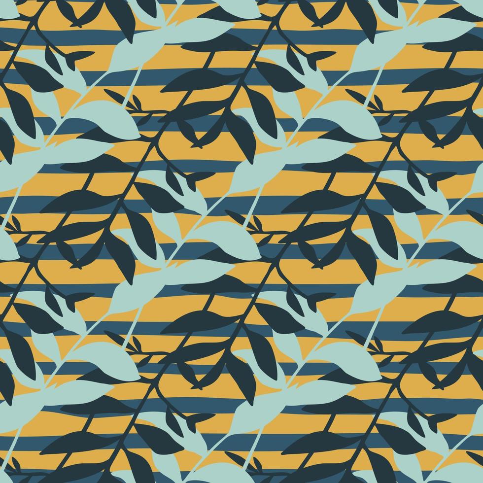 Seamless abstract botanic pattern with leaves branches. Vintage foliage silhouettes in blue and navy color on yellow stripped background. vector