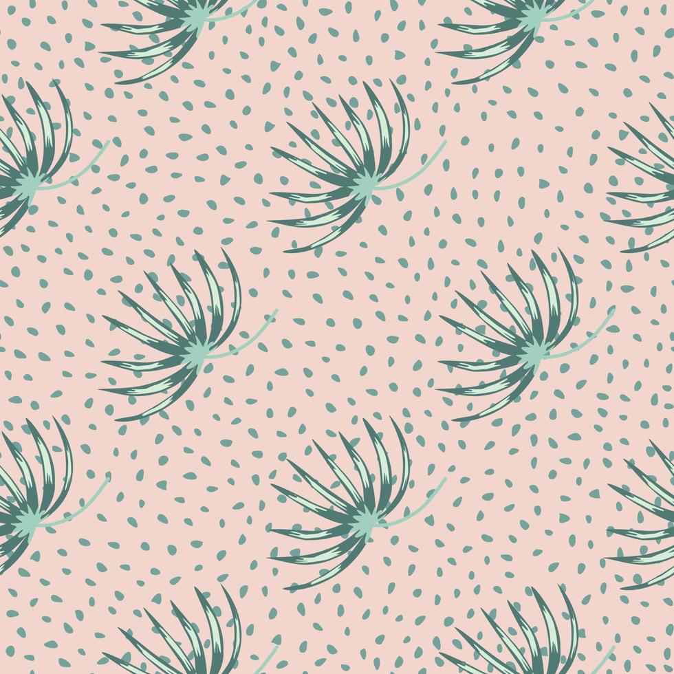 Blue abstract tropic bush elements seamless doodle pattern. Pink dotted background. Simple backdrop. vector