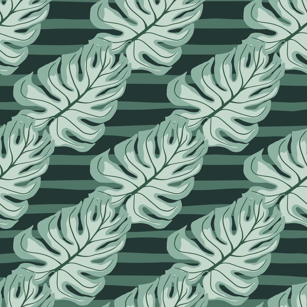 Pale tones seamless pattern with blue monstera leaves shapes. Green striped background. vector