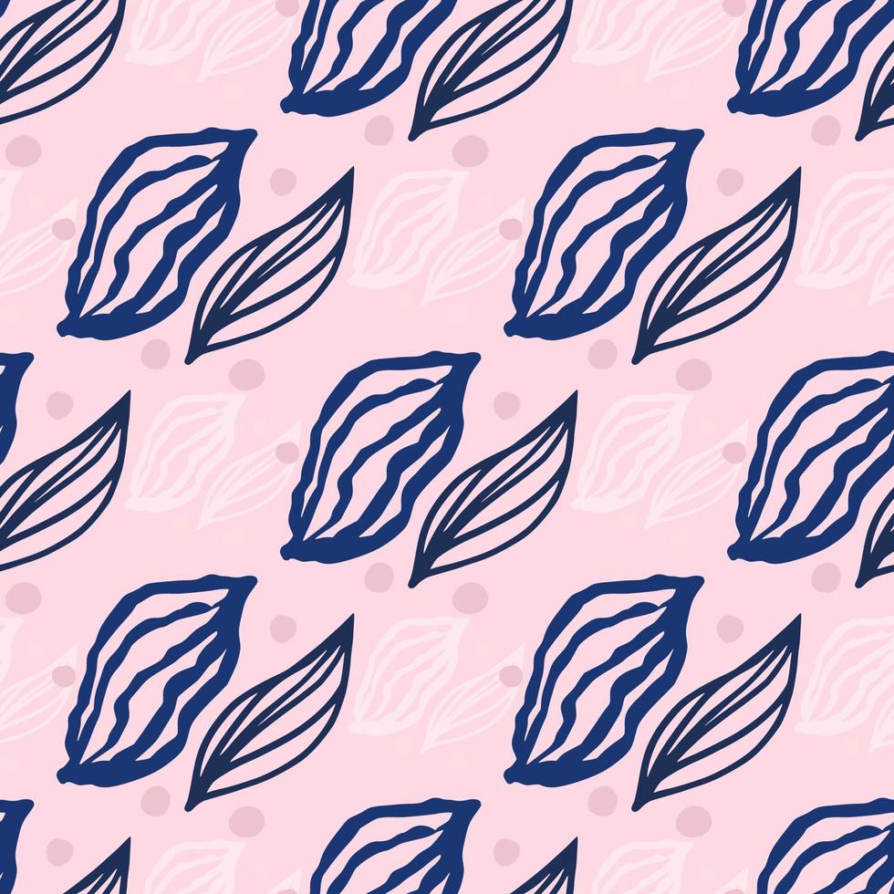Navy contoured leaves silhouettes seamless pattern. Doodle simple ornament on pink background with dots. vector