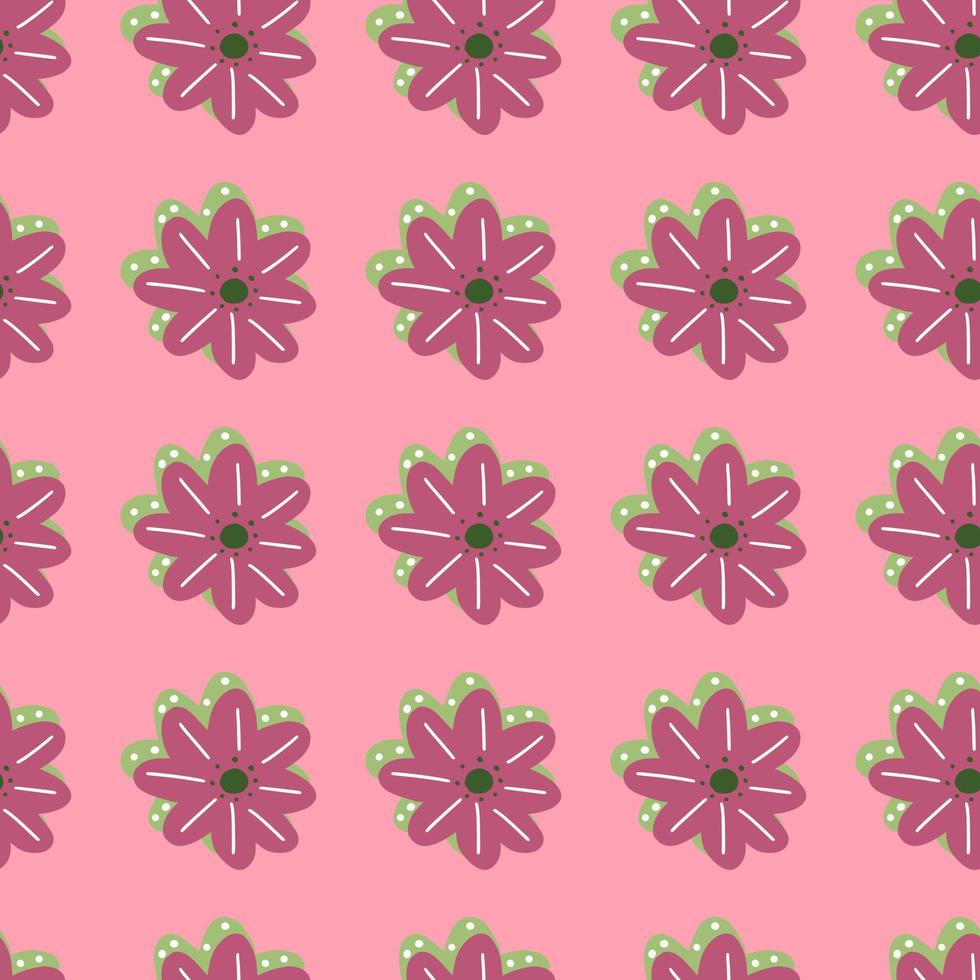 Bloom decorative seamless pattern with purple marguerite flowers. Pink pastel background. Simple style. vector