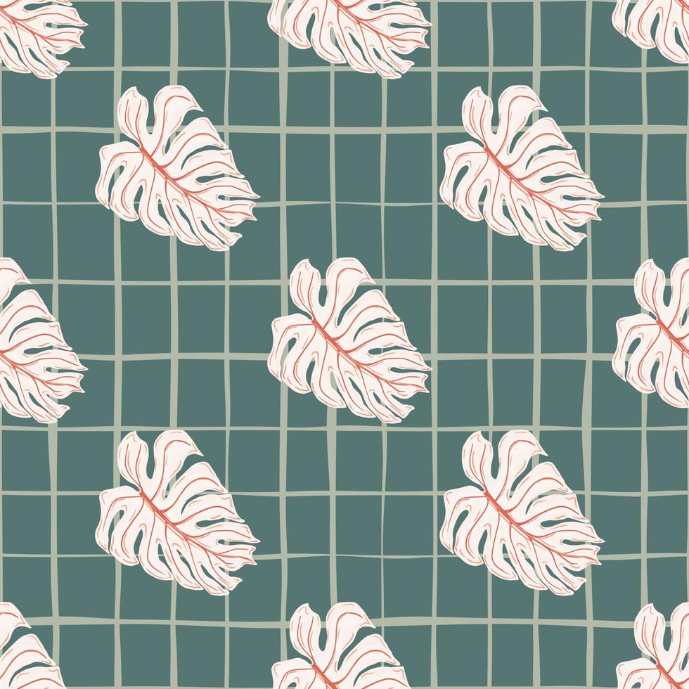 Pink monstera elements seamless pattern in doodle simple style. Navy blue chequered background. vector