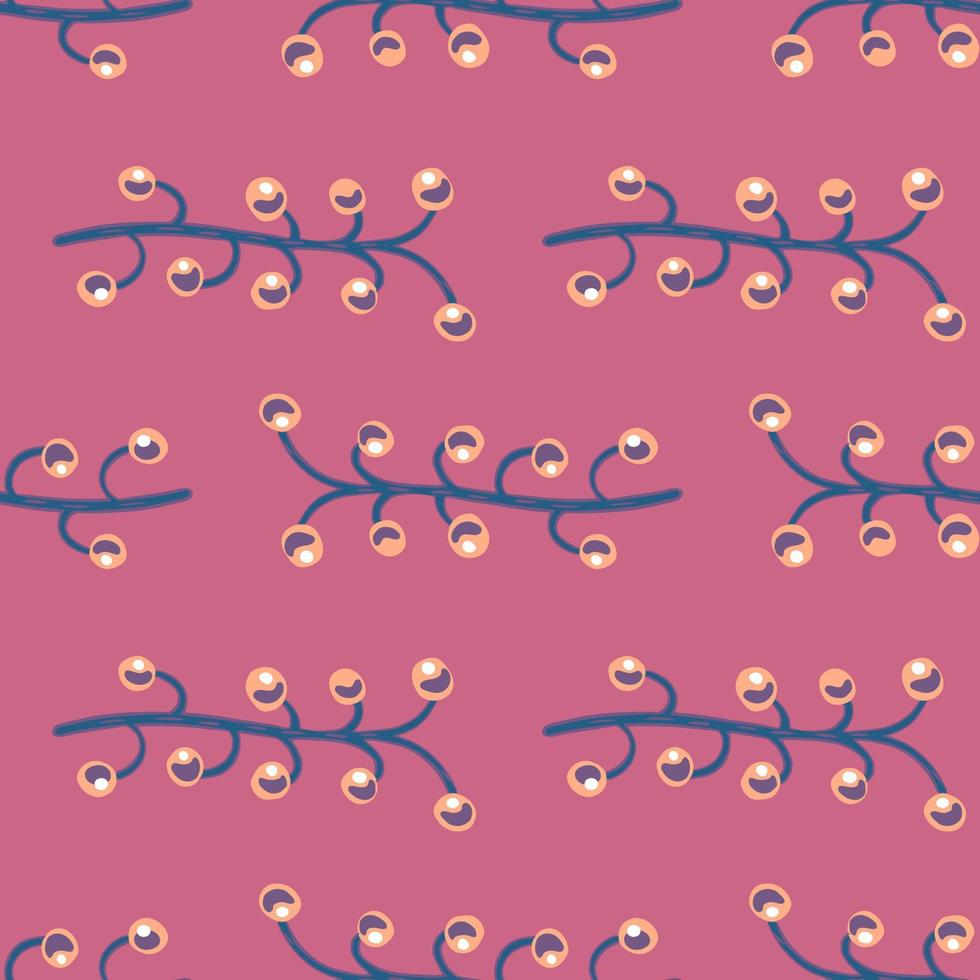 Blossom seamless flora pattern with navy blue colored berry branches ornament. Pink background. vector