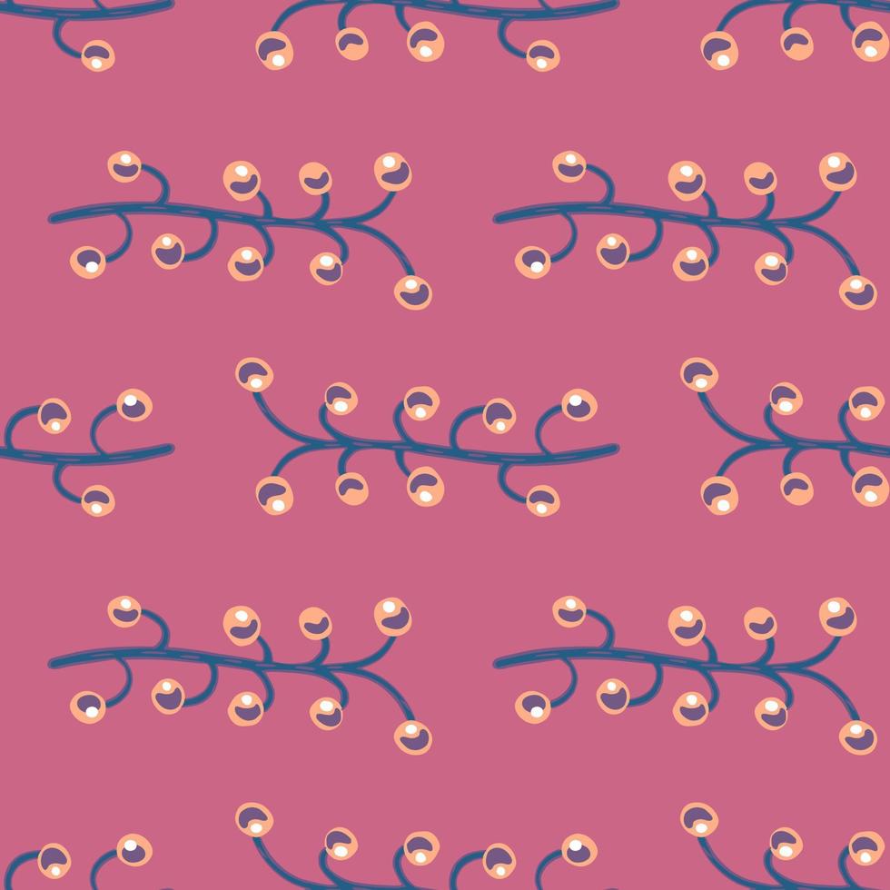 Blossom seamless flora pattern with navy blue colored berry branches ornament. Pink background. vector