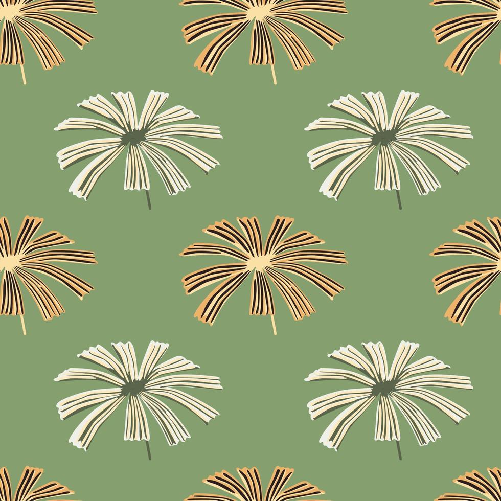 Pastel tones seamless floral pattern with grey and orange colored palm licuala shapes. Green background. vector