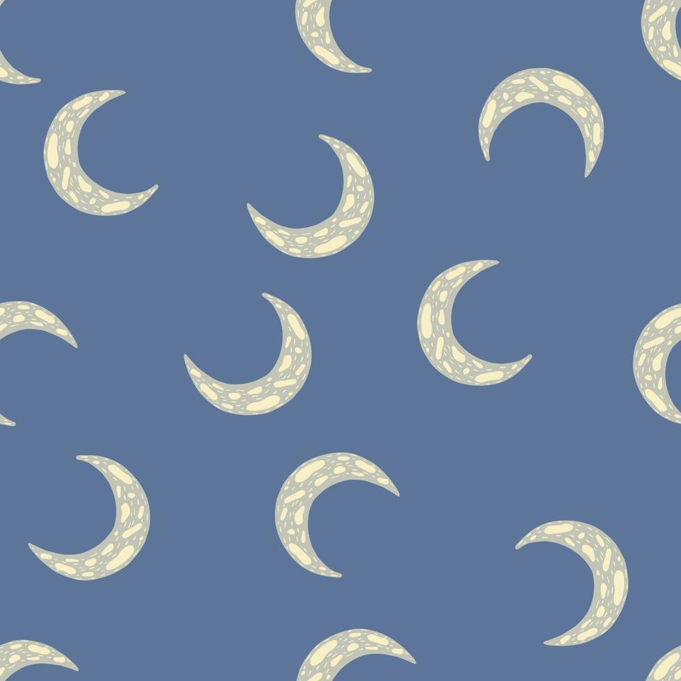 Seamless random pattern with grey colored islamic ramadan moon ornament. Blue background. vector