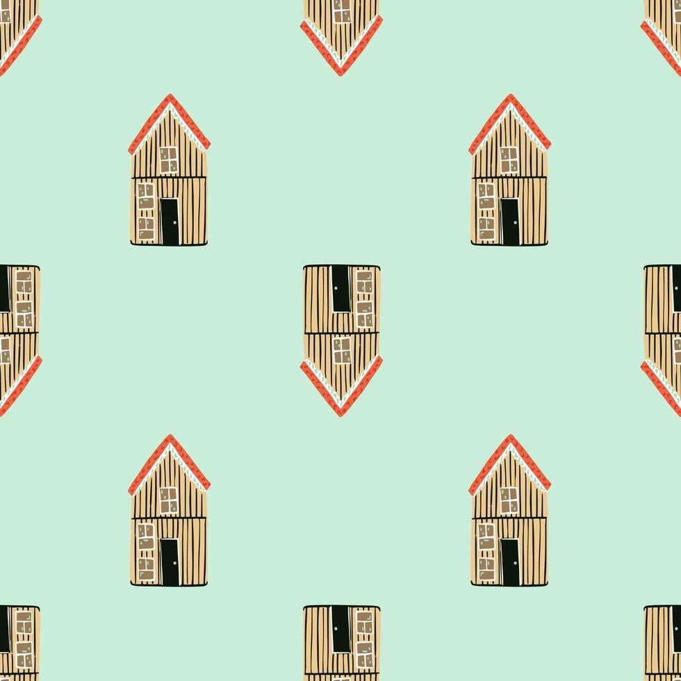 Doodle seamless pattern with hand drawn brown wood village elements. Blue background. vector