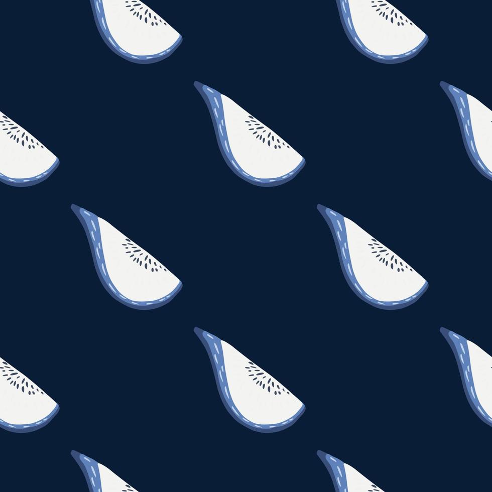 Abstract food seamless pattern with blue colored fig shapes print. Dark navy blue background. vector
