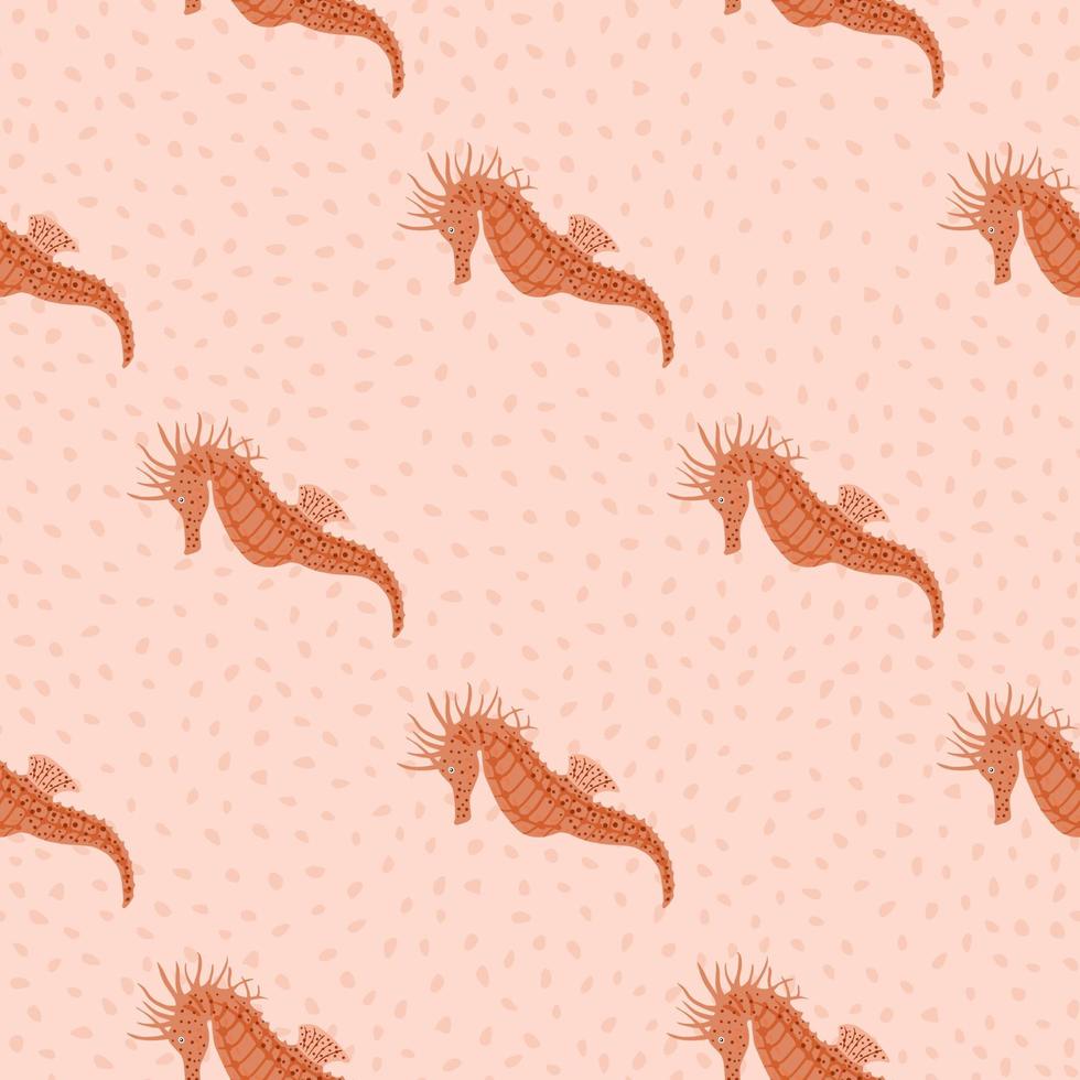 Exotic seahorse seamless doodle pattern in pink tones. Dotted background. Underwater animal backdrop. vector