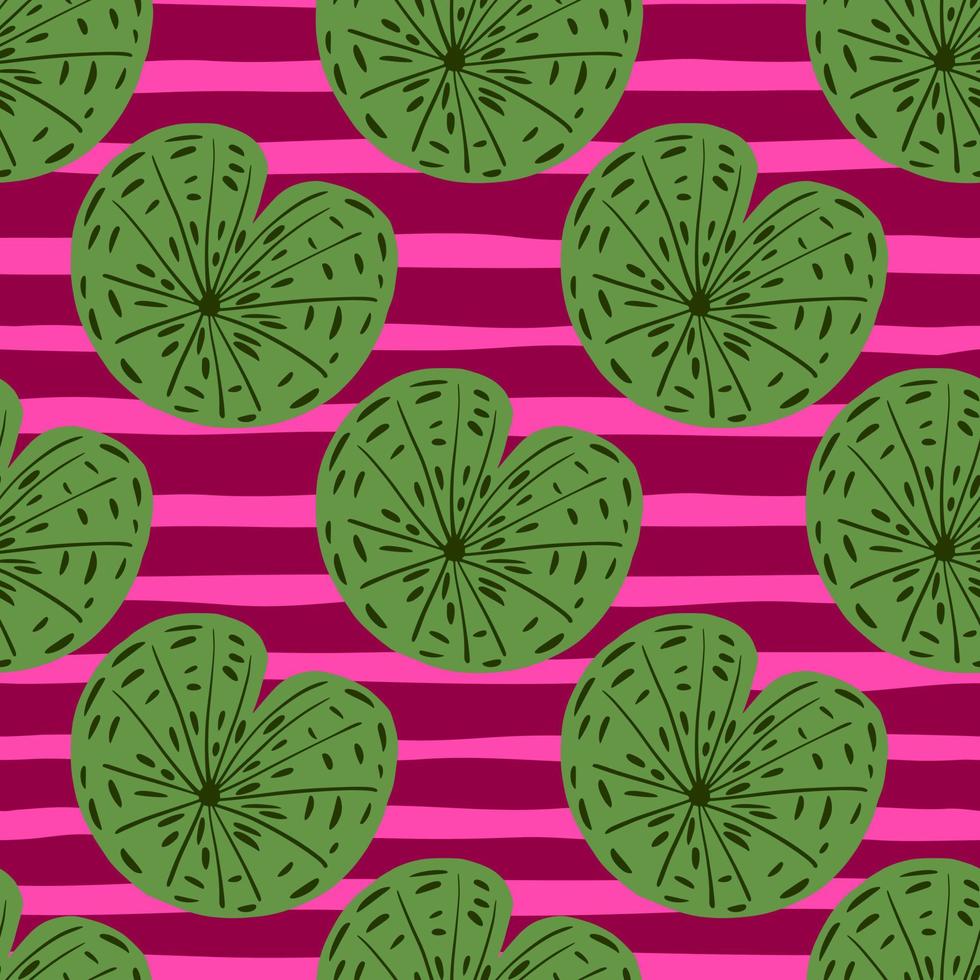 Abstract botanic seamless pattern with green colored water lily ornament. Pink striped background. Scrapbook artwork. vector