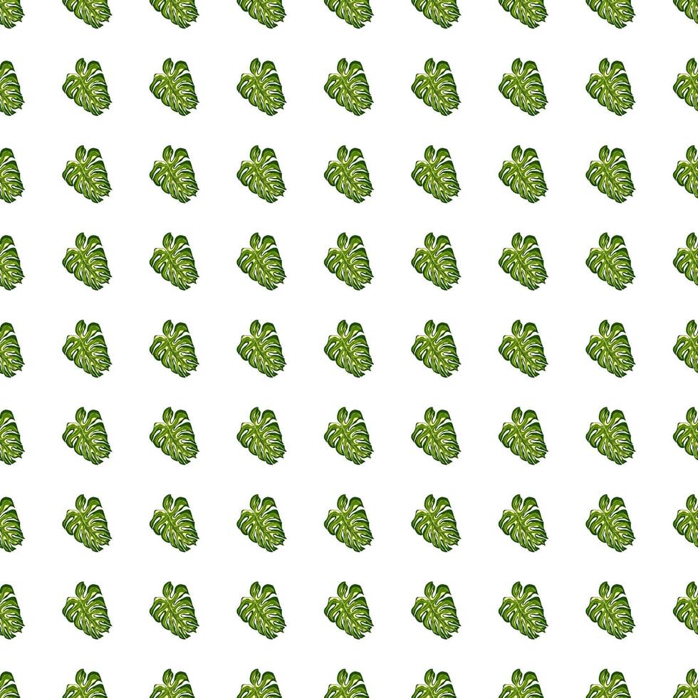 Isolated seamless pattern with green doodle small palm leaf elements shapes. White background. vector
