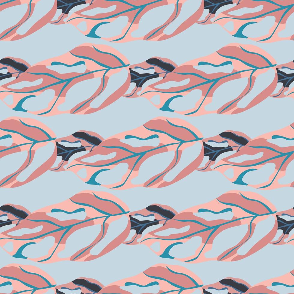 Pastel seamless pattern with hand drawn monstera leafs. Pink exotic foliage on soft blue background. vector
