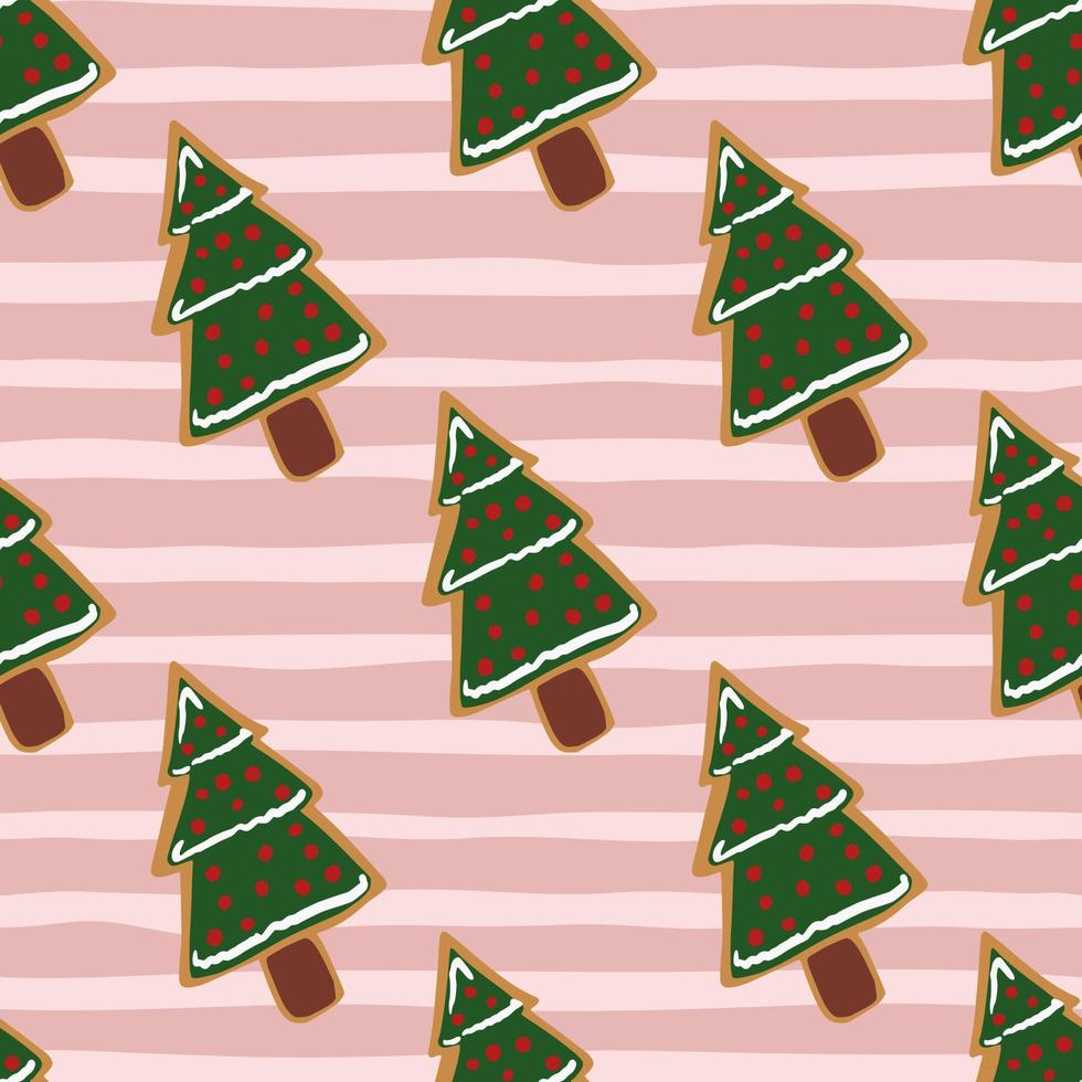 Seamless bakery pattern with new year cookie fir tree ornament. Christmas dessert in green tones on pink stripped background. vector