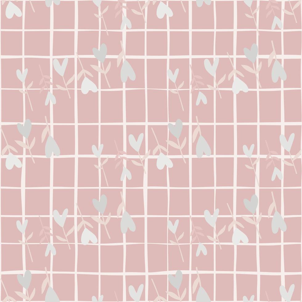 Seamless pale pattern with heart flowers silhouettes. Soft pastel pink background with check and hand drawn light hearts. vector