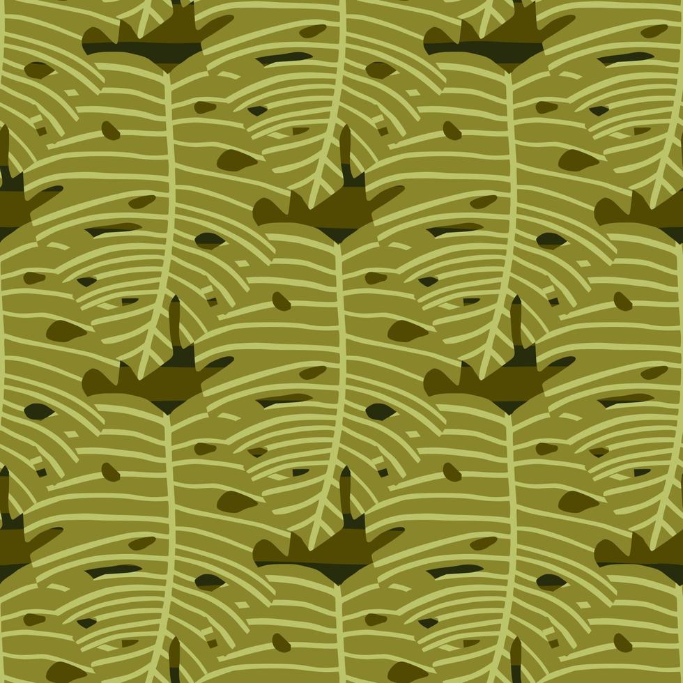 Olive colors pattern with botanic mostera leaves. vector