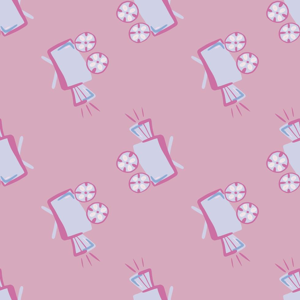 Blue contoured camera shapes seamless pattern. Cinema simple figures on soft pink background. Stylized backdrop. vector