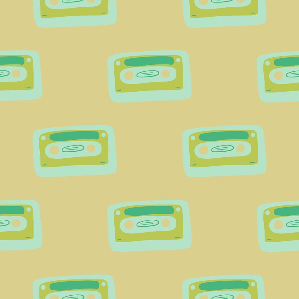 Cassette doodle seamless patern. Hand drawn disco ornament in green and blue colors on beige background. vector