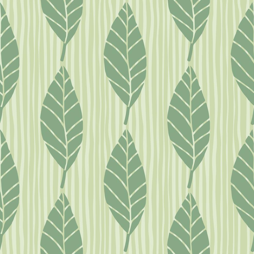 Seamless botanic pattern with leaves in pastel green colors. White background with strips. Floral backdrop. vector