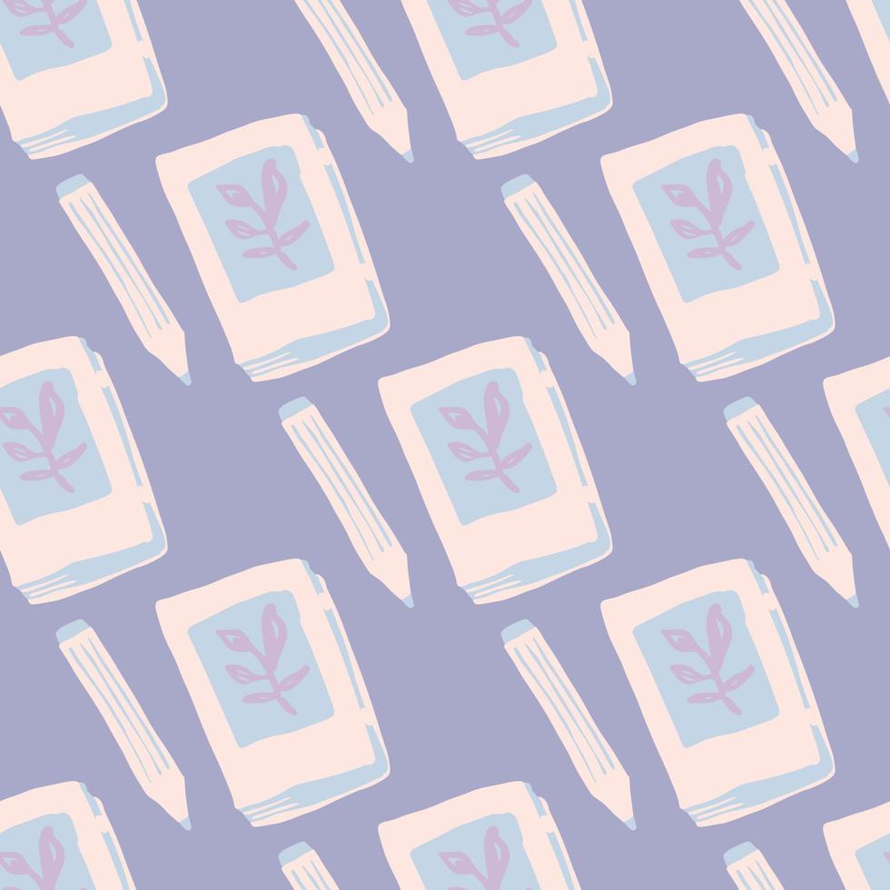 Pastel tender palette seamless diary book pattern. Light purple background with soft pink book silhouettes. vector