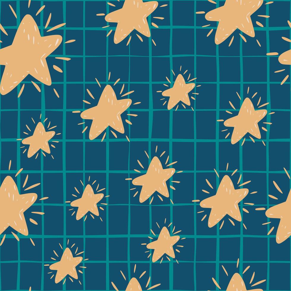 Random star elements seamless doodle pattern. Hand drawn beige ornament on navy blue chequered background. vector