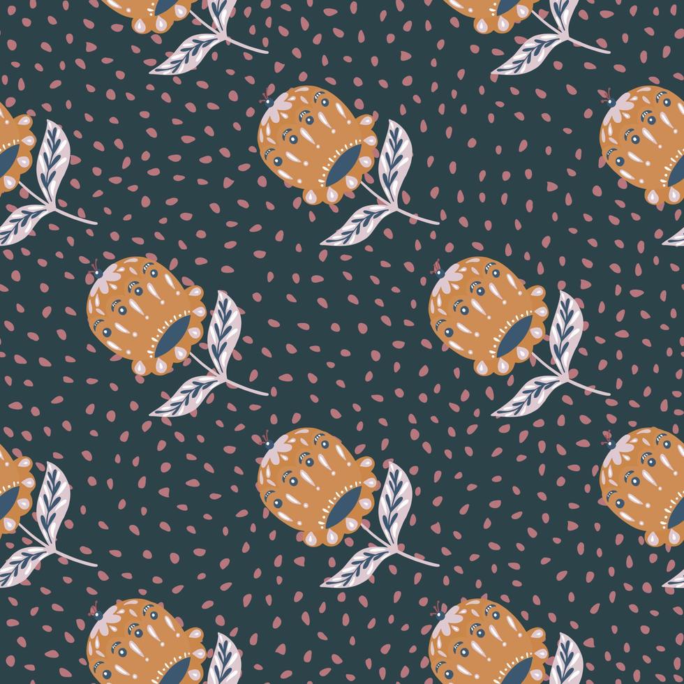 Seamless vintage pattern with doodle orange folk flowers buds print. Dark navy blue background with dots. vector